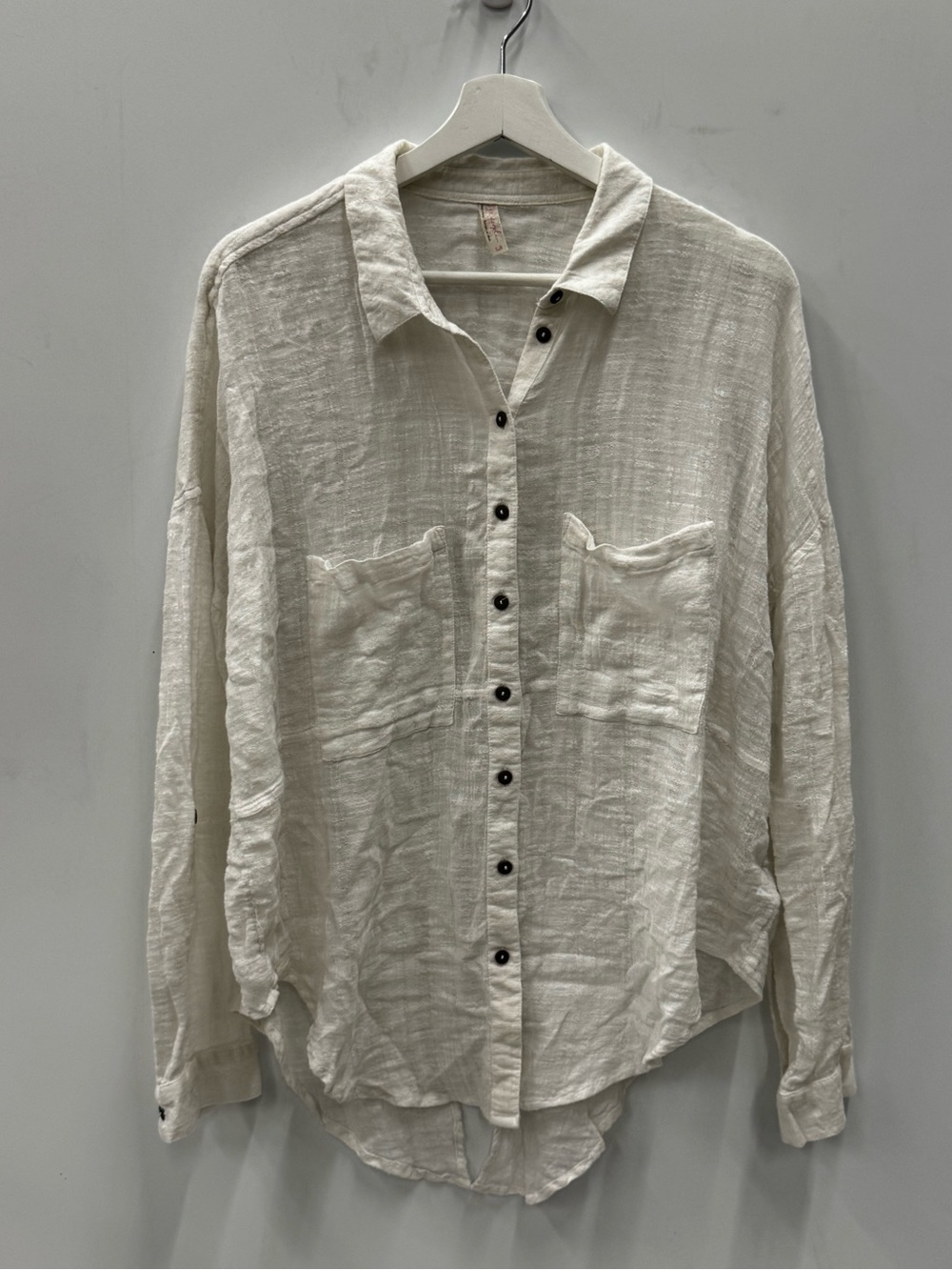 free people long sleeve gauze button down cross over split back top size large